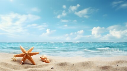 Fototapeta na wymiar Sea, sand, starfish and shells on a sunny beach, copy space