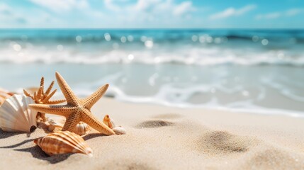 Fototapeta na wymiar Sea, sand, starfish and shells on a sunny beach