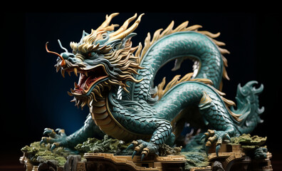 Fototapeta premium Green dragon, symbol of Chinese New Year 2024. Isolated on black background.
