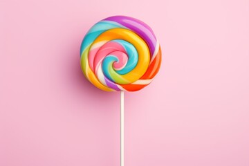 Colorful rainbow lollipop on pink background