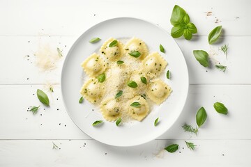 Italian ravioli pasta with spinach on wooden background