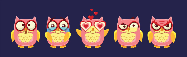 Funny Owlet Bird with Feathers Have Face Emotion Vector Set