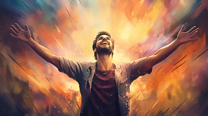 Muurstickers Joyful worship and praise: man raising hands in ecstasy, vibrant pastel illustration - inspirational spiritual wall art © Ashi