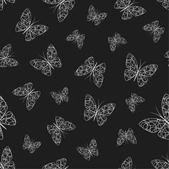 White lace butterflies on black background seamless pattern. Best for textile, wallpapers, wrapping paper, package and home decoration.