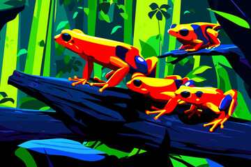 Vibrant poison dart frogs on a log. vektor icon illustation
