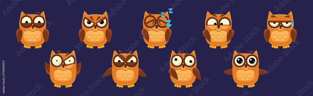 Poster funny owlet bird with feathers have face emotion vector set