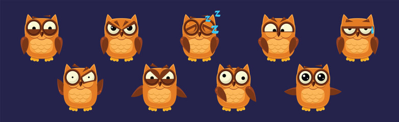 Funny Owlet Bird with Feathers Have Face Emotion Vector Set