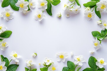 White jasmine flowers border on a clear white background. Freshness and purity concept. Design for...