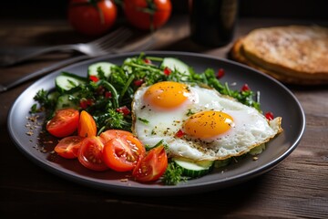 Fried eggs with vegetables and herbs in plate on wooden background