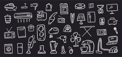 Vector collection of household appliances and electrical appliances for the home hand-drawn in doodle style