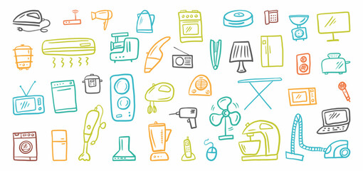 Vector collection of household appliances and electrical appliances for the home hand-drawn in doodle style