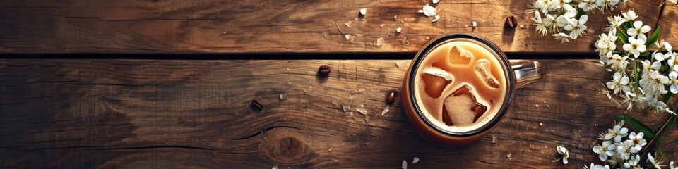 Cup of cappuccino with artistic cream design on a wooden table with white flowers. Panoramic shot with place for text. Rustic coffee break concept. Design for banner, menu, poster, board - obrazy, fototapety, plakaty
