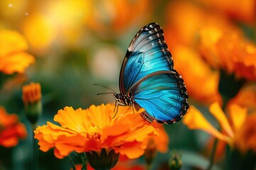 Obraz premium Blue morpho butterfly on orange marigold flowers. Close-up shot. Nature and metamorphosis concept. Design for poster, greeting card, banner. Springtime composition with copy space. Spring beauty