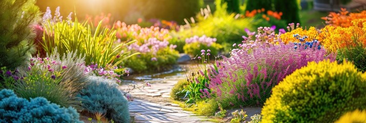 Vibrant garden pathway with assorted colorful flowers and plants. Garden design photography. Gardening concept. Design for poster, banner, greeting card. Panoramic shot with copy space - obrazy, fototapety, plakaty