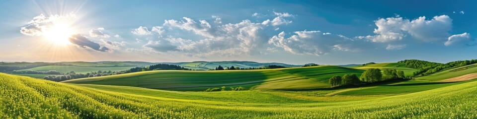 Sunrise over rolling green hills with vibrant sky. Landscape panorama photography. New beginnings concept. Design for banner, wallpaper, header. Panoramic shot with copy space - obrazy, fototapety, plakaty