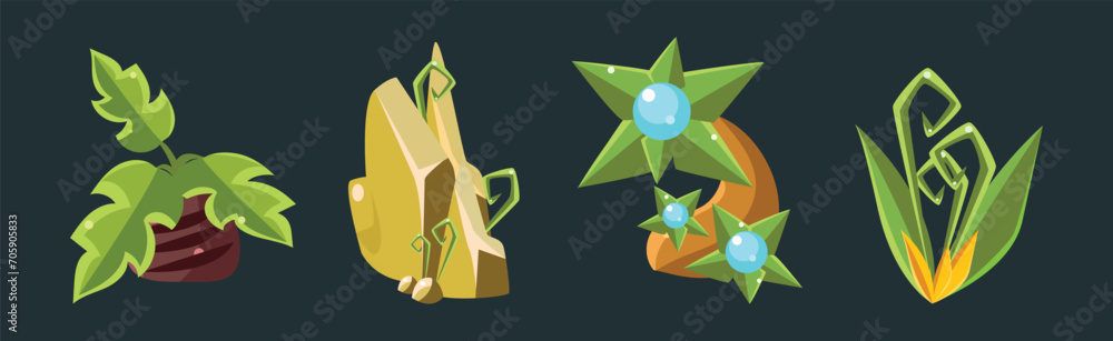Poster fantastic game nature element and forest object vector set