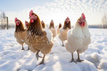 Chickens walking in the snow on a winter farm