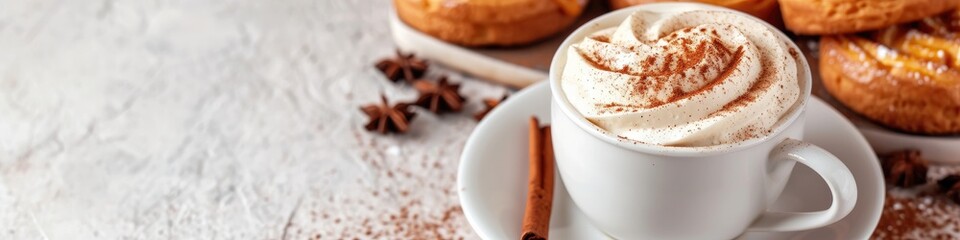Cup of whipped cream topped coffee with cinnamon and cookies on textured background. Warm beverage....