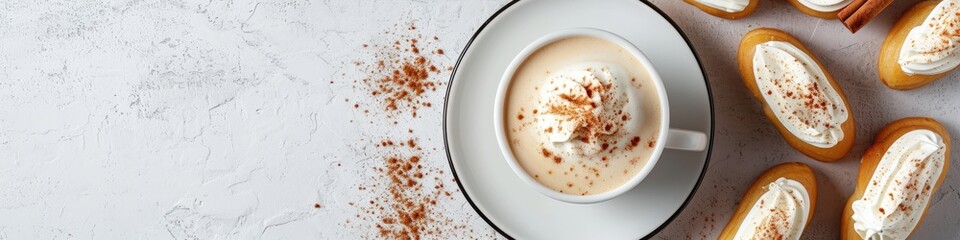 Cappuccino with cocoa powder and cannoli on a grey plate. Panoramic food photography. Coffee break and Italian pastry concept. Design for banner, menu, header with copy space. Springtime composition
