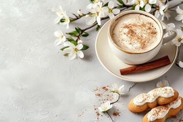 Obraz na płótnie Canvas Cappuccino with cinnamon, cookies and jasmine flowers on white table. Spring food photography. Spring comfort and refreshment concept. Design for menu, banner, poster. Top view with copy space. 