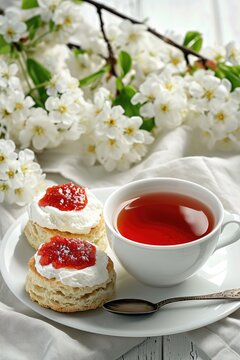 Tea and scones with clotted cream and jam beside white cherry blossoms. Traditional British afternoon tea. Spring comfort concept. Design for banner, poster. Springtime composition with copy space