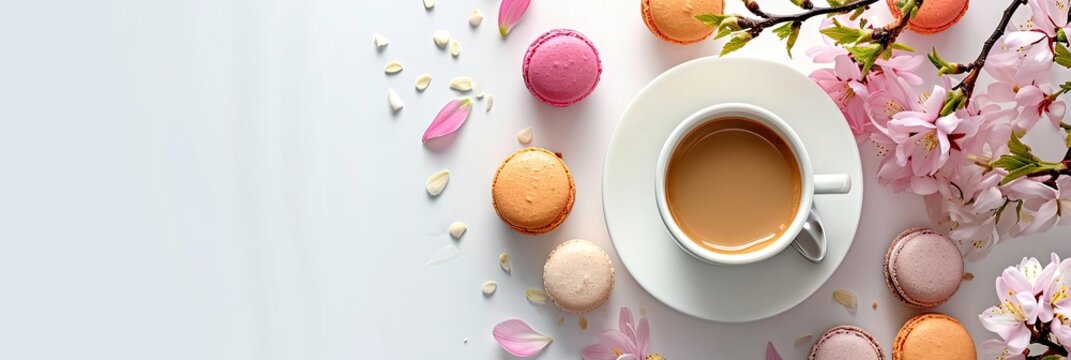 Coffee Cup With Macarons And Cherry Blossoms On A White Background. Panoramic Flat Lay Food Photography. Springtime, Spring Elegance Concept. Design For Banner, Header With Copy Space. Wide Shot 