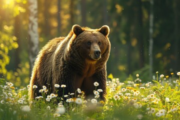 Fototapeta premium Brown bear standing in a field of daisies with forest background. Wildlife photography in natural habitat. Nature and exploration concept. Design for banner, poster, wallpaper. Springtime composition 