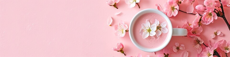 Fototapeta na wymiar White sakura latte in cup on pink surface with cherry blossoms. Panoramic still life photo. Springtime and café concept. Design for banner, header with copy space. Spring composition with flowers