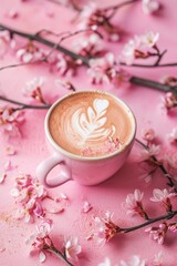 Obraz na płótnie Canvas Cappuccino with latte art in pink cup surrounded by cherry blossoms. Close-up food photography. Springtime and coffee break concept. Design for menu, poster, wallpaper with copy space. Spring flowers