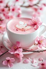 Obraz na płótnie Canvas Pink sakura latte in white cup with cherry blossoms. Close-up food photography. Springtime and refreshment concept. Design for menu, poster, wallpaper. Macro shot with copy space. Spring flowers