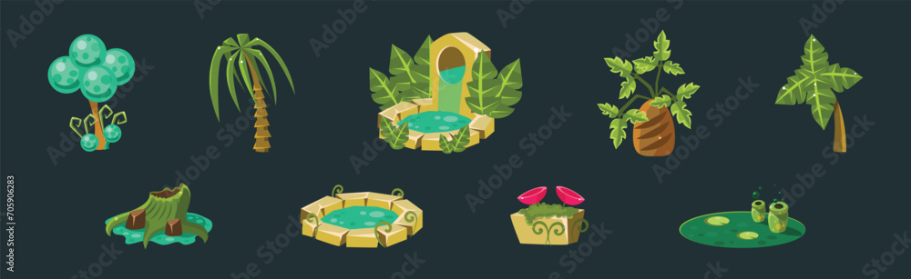 Poster fantastic game nature element and forest object vector set