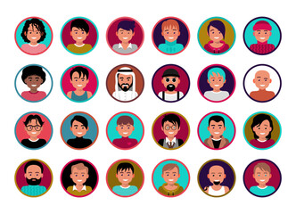 Men, boys avatar collection. Picture character group, social media. Set portrait icon. Set forum account. Cartoon social avatar. User community. Vector illustration