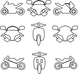motorcycle and motorbike icon in line set isolated on transparent background Side view of all kind of motorcycle from moped, scooter, roadster, sports, cruiser, and chopper. vector for apps, web