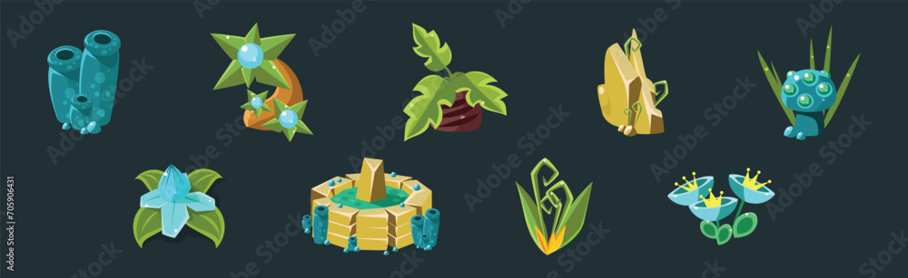 Poster fantastic game nature element and forest object vector set