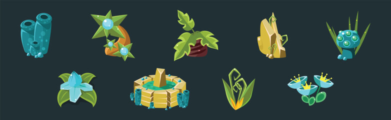 Fantastic Game Nature Element and Forest Object Vector Set