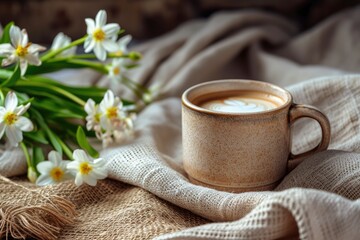 Obraz na płótnie Canvas Cup of coffee and white daffodils on light background. Morning drink with spring flowers. Delicate floral arrangement and hot beverage. Cozy home still life. Springtime composition