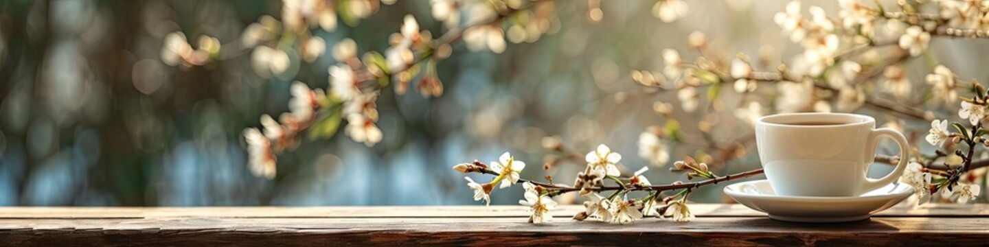 Cup of tea on wooden table, with spring blossom in background. Relaxing morning, breakfast or afternoon tea time concept. Still life with copy space. Springtime composition