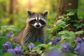 Funny raccoon in spring flowers. Wild animal in the forest. Cute creature. Springtime beauty. Spring nature concept with copy space