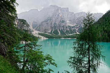 View over Lake Braies or Pragser Wildsee in the Dolomites, one of the most beautiful lakes in...