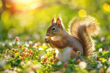 Squirrel eating nut in the middle of flower field. Cute wild animal in nature. Wildlife photography. Springtime scene, spring beauty. Banner with copy space. 