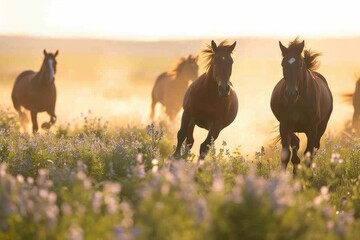 Wild horses running in lavender field at sunset. Freedom and adventure concept. Cinematic landscape...