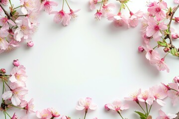 Naklejka na ściany i meble Frame of pink cherry blossom on white background. Greeting card template for spring holiday or wedding. Spring flowers border with copy space. Sakura blossom, flat lay composition