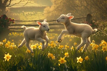 Two cute lambs playing and frolicking in a field of daffodils flowers. Springtime, new life, and...