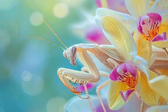 Praying mantis on orchid flower close up. Tropical garden. Amazing macro shot of an insect with blurred background. Springtime floral beauty. Beautiful pastel color palette