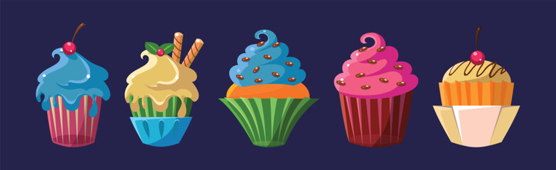 Cupcake Baked Sweet Dessert with Cream and Topping Vector Set