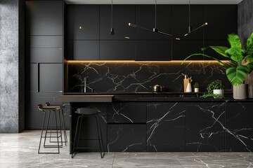 Modern Stylish Kitchen Interior Poster with Black Marble Design