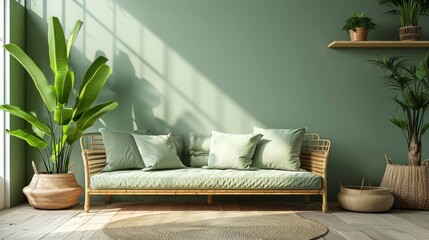 Scandinavian Living Room with Rattan Sofa, Wicker Basket, and Green Plants Against Wall Shelf