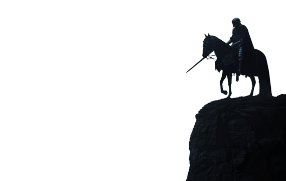 Knight on a cliff. Knight riding a majestic black horse at night and standing on the edge of a rocky steep cliff. Silhouette of a medieval soldier horseback riding.  Templar protecting the realm