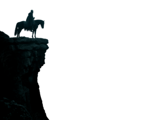 Knight on a cliff. Knight riding a majestic black horse at night and standing on the edge of a rocky steep cliff. Silhouette of a medieval soldier horseback riding. 