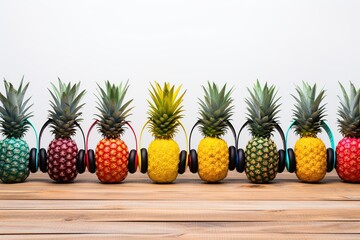 Ripe pineapple with headphones on wooden background